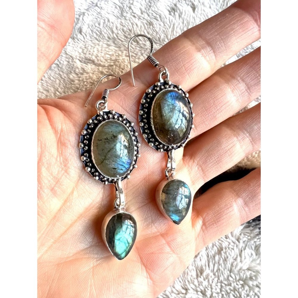 925 Vintage Style Flash Labradorite Earrings - Picture 1 of 4